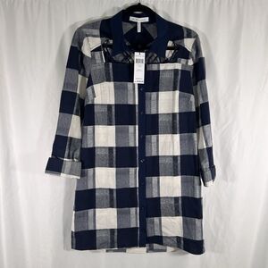 New BCBGeneration Tunic Blouse Women's XS Blue Plaid 3/4 Sleeve Button Up